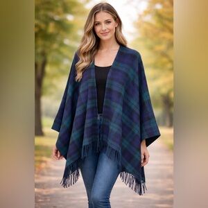 Lochmere Cashmere Merino Wool Tartan Blue Green Cape Shawl Wrap Poncho